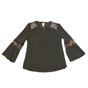 Chico's Dot Metallic Gold Jacquard Peasant Top Olive Green Cottagecore Boho